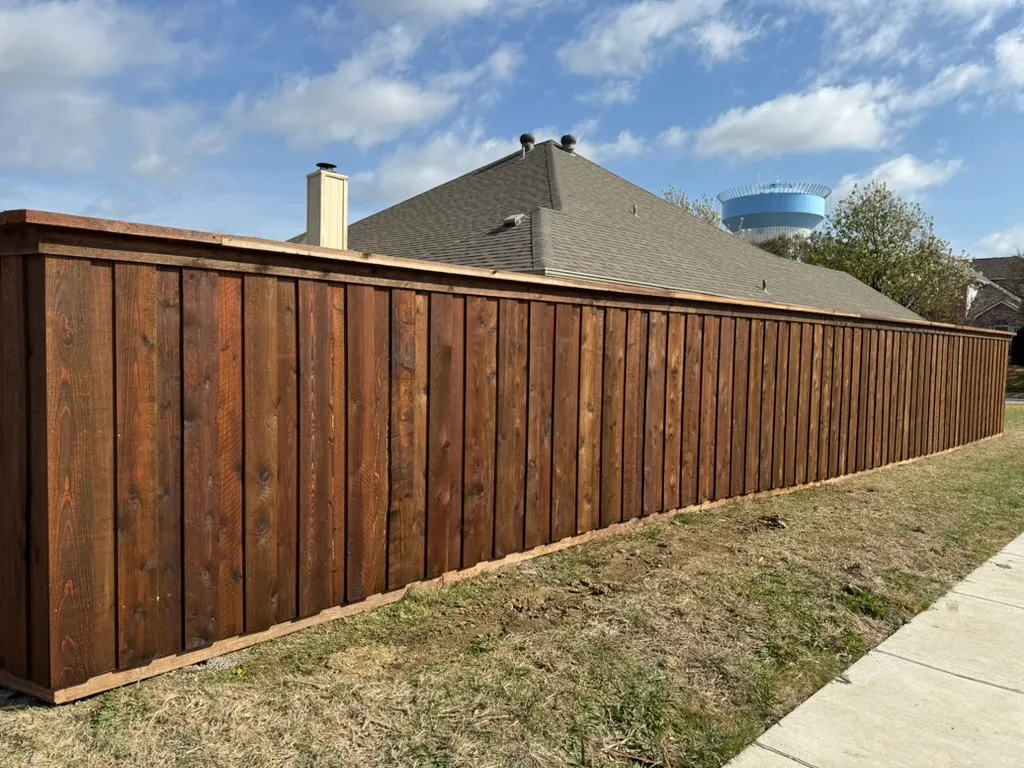 Stained board-on-board cedar privacy fence with a top cap along a Frisco sidewalk